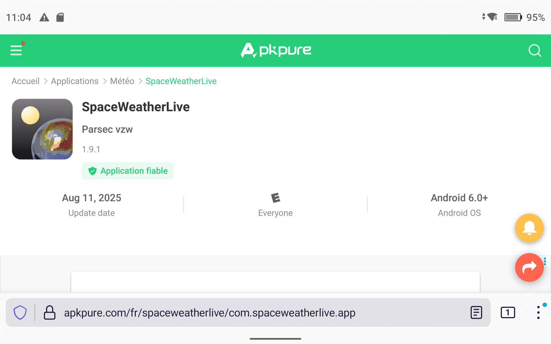 Téléchargement APK SpaceWeatherLive via Firefox sur radiocommande DJI RC Pro