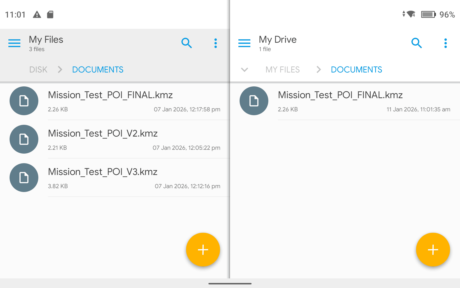 Solid Explorer sur RC DJI : interface double panneau avec fichiers locaux et synchronisation cloud
