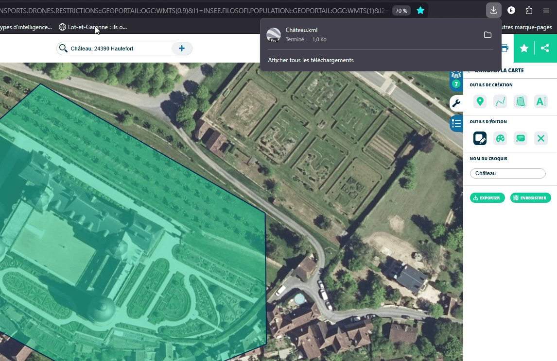 Export de la carte Géoportail au format KML pour import dans mission drone