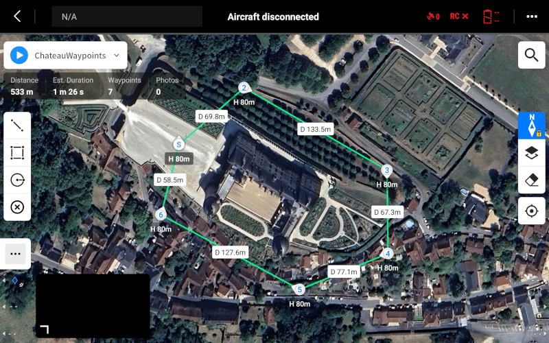 Mission drone importée dans DJI Pilot 2 avec waypoints calculés automatiquement par IA : résultat